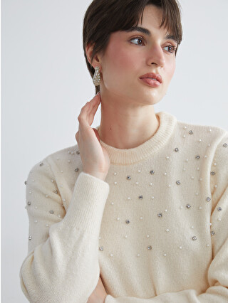 LCW Vision Crew Neck Rhinestone Embellished Women's Knit Sweater