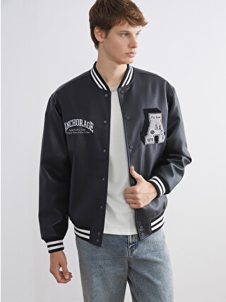 XSIDE College Collar Embroidered Men's Faux Leather Jacket