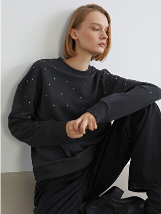 LCW Vision Antrasit Bisiklet Yaka Taşlı Oversize Kadın Sweatshirt