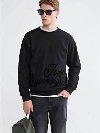 XSIDE Siyah Bisiklet Yaka Baskılı Erkek Kalın Sweatshirt