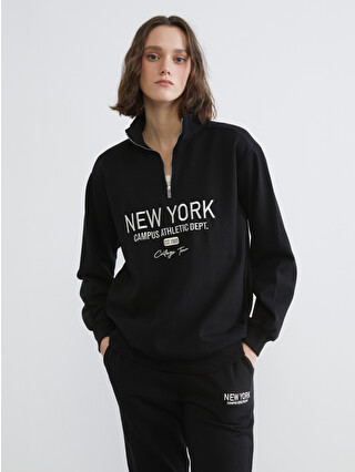 XSIDE Siyah New York Nakışlı Oversize Kadın Kalın Sweatshirt