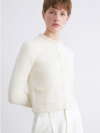 LCW ECO Bisiklet Yaka İnci İşlemeli Kadın Triko Hırka - W5ID86Z8