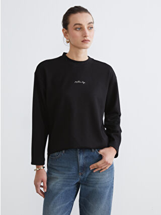 LCW Comfort Siyah Bisiklet Yaka Nakışlı Kadın Sweatshirt