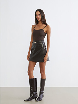 LCW Vision Belted Faux Leather Mini Skirt - W5NM28Z8-HCQ | LC Waikiki
