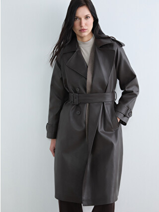 ファッション246 mmさん Lela Çizgili Oversize Kruvaze Yaka Kuşaklı Uzun Bayan Trençkot