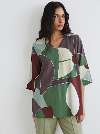 LCW Modest V-Neck Patterned Oversized Blouse - S65043Z8-LRJ - LC