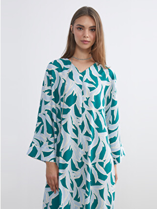 LCW Modest V Neck Patterned A Line Oversize Dress - S65080Z8-LRG