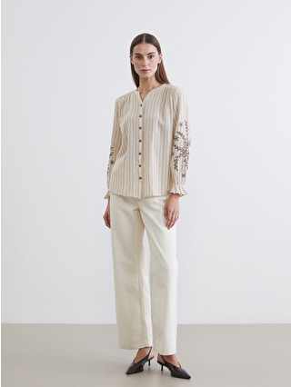 LCW Grace Notch Neck Striped Linen Blend Women's Shirt - S69834Z8