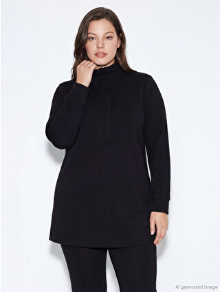 LCW Modest Siyah Dik Yaka Soft Touch Kadın Sweatshirt Tunik