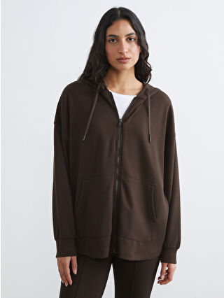 LCW Modest Kahverengi Kapüşonlu Soft Touch Kadın Fermuarlı