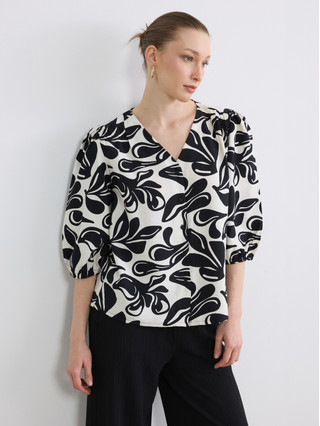 LCW EVERYDAY V Neck Patterned Puff Sleeve Blouse - S6GG70Z8-LQJ