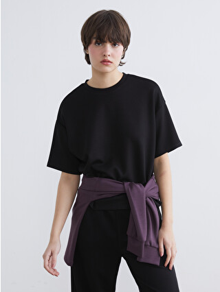 XSIDE Siyah Bisiklet Yaka Soft Touch Oversize Kadın Tişört