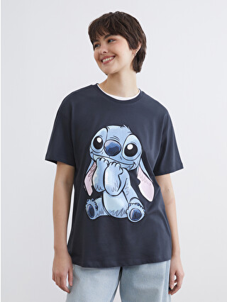 XSIDE Antrasit Stitch Baskılı %100 Pamuklu Kadın Tişört - S6HD94Z8
