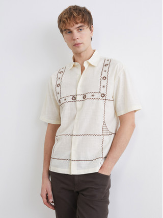 k*9様 HI-STANDARD Mazda 半袖シャツ ベージュ XSIDE Loose Fit Embroidered Men's Shirt - S6I735Z8-HZZ | LC Waikiki