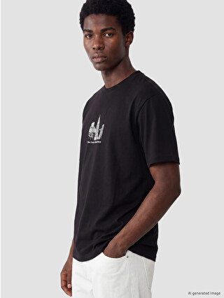 IO B. SOUL LONG 10th Tシャツ ブラック VALLAD XL XSIDE Bisiklet Yaka New York Baskılı Erkek Tişört - S6IL01Z8-CVL
