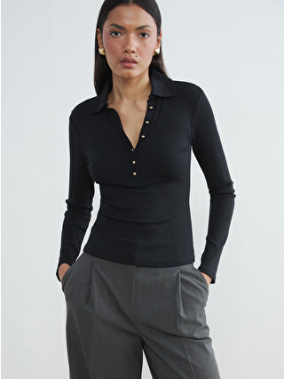 LCW EVERYDAY Siyah Polo Yaka Fitilli Kadın Body - S6K155Z8-CVL | LCW