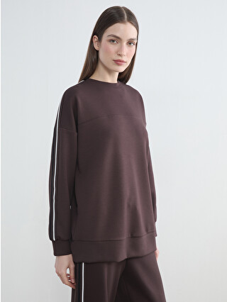 LCW Modest Kahverengi Bisiklet Yaka Oversize Kadın Sweatshirt
