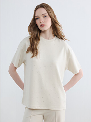 LCW Modest Bej Taşlı Soft Touch Kadın Tişört - S6A811Z8-FEJ | LCW