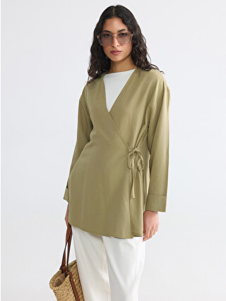 きむ LCW Modest Kruvaze Yaka Keten Karışımlı Kadın Kimono - S6D832Z8