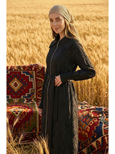 Nuss Önü Fermuarlı Triko Kol Detay Kuşaklı Kap Ceket 6047 Siyah - S000529251-19351