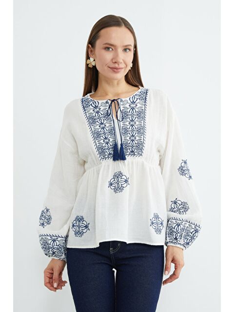 Fullamoda Etnik Nakışlı Beli Lastikli Müslin Kumaş Bluz - S000529257-20063