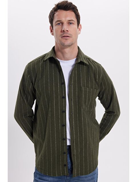 TUDORS Erkek Regular Fit Klasik Kesim Çizgili Çift Cep Kapaklı Oduncu Gömlek - S000519914-23173