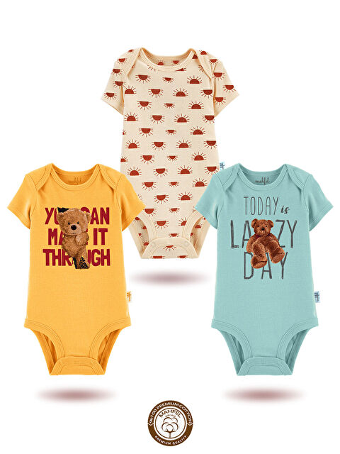 Mahfel 3'lü %100 Pamuklu Organik Baskılı Kısa Kollu Çıtçıtlı Bebek Body Zıbın 1-16