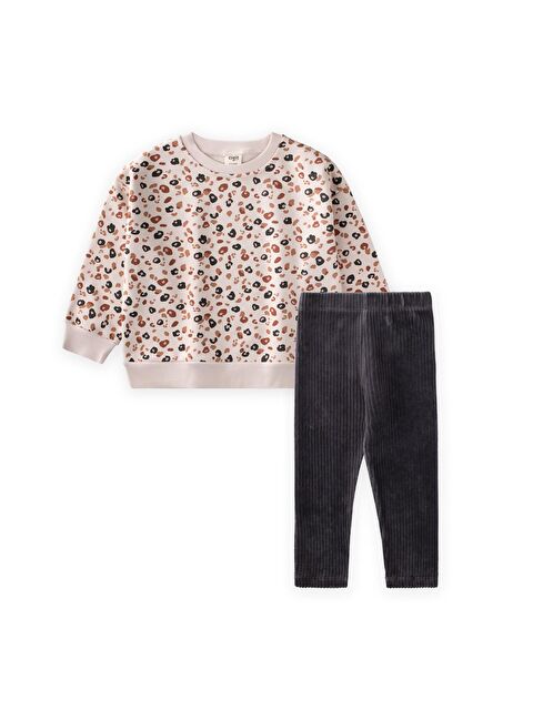 CİGİT Kadife Taytlı Sweatshirt Takım 2-10 Yaş Taş - S000507649-25636