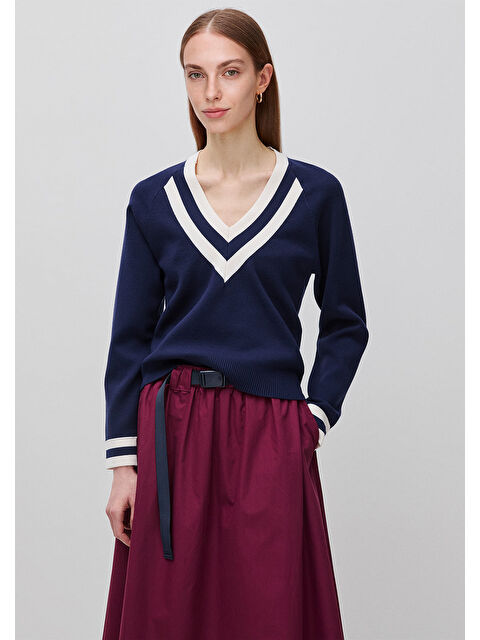 United Colors Of Benetton Kadın Lacivert Viskoz Karışımlı Çizgili Reglan Kol Derin V Yaka Kazak - S000517688-21164