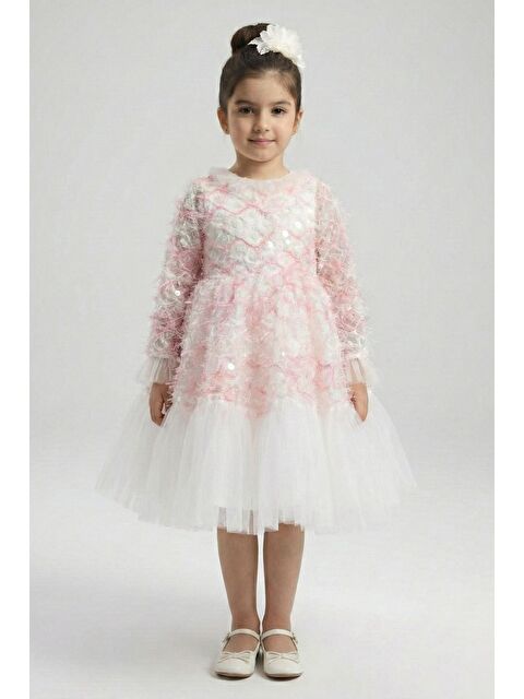 Mnk Baby & Kids Kız Çocuk İspanyol Kol Tül Detaylı Kabarık Etekli Özel Düğün Elbisesi M00793 - S000509479-20024