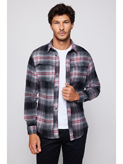 TUDORS Erkek Slim Fit Dar Kesim Uzun Kollu Kareli Çift Cepli Kışlık Oduncu Gömlek