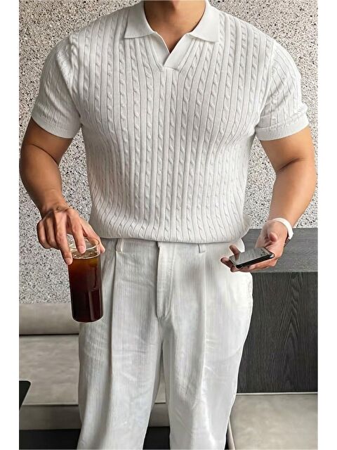 Oksit İtalyan Stil V Yaka Saç Örgü Detaylı Slim Fit Triko Erkek Polo Tshirt - S000531533-20063