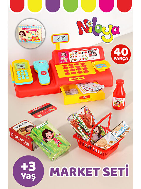 Meleni Toys 40 Parça Niloya Süpermarket Seti - Eğitici Öğretici Oyuncak Yazar Kasa Market Alışveriş Oyun Seti