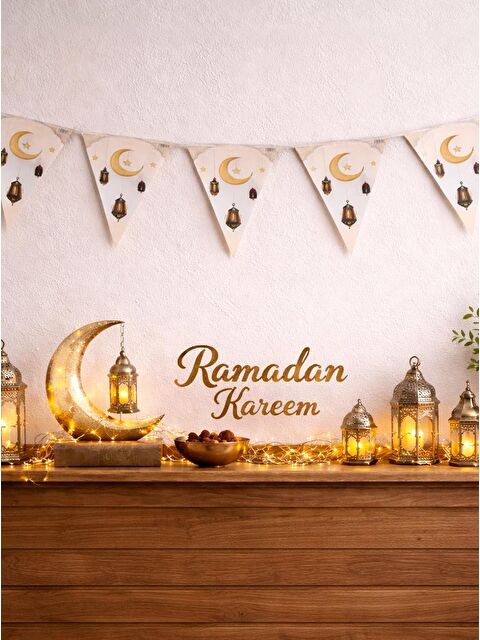Parti Adresi Ramazan Temalı Ay ve Kandil Desenli Üçgen Flama Duvar Süsü 150 cm - S000514452-37530