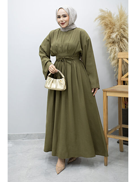 Tesettür Dünyası Çift Bağlamalı Pensli Elbise TSD260185 Haki