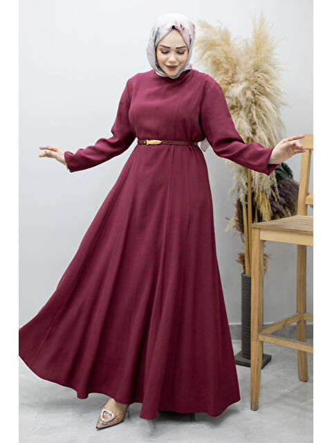 Tesettür Dünyası Pensli Hakim Yaka Kemerli Elbise TSD260184 Fuşya