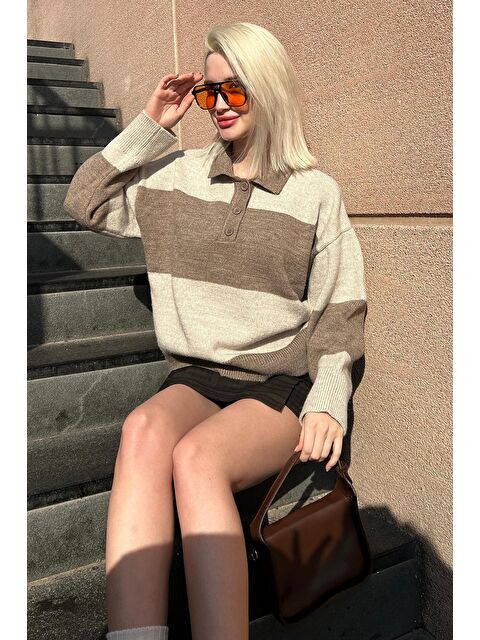 Madmext Vizon Düğmeli Polo Yaka Çizgili Kadın Kazak Mg2286 - S000342324-26429