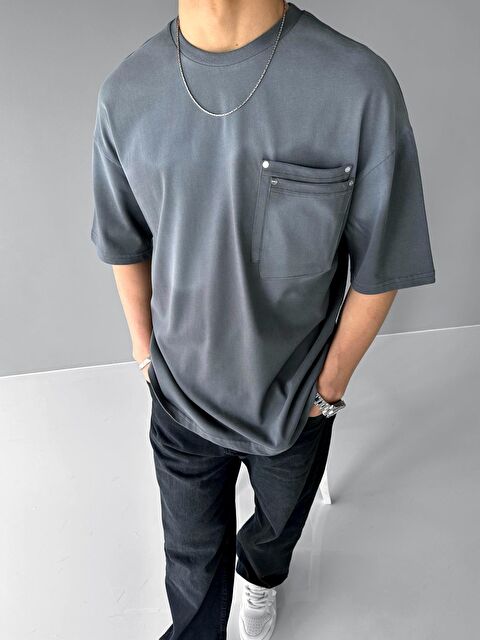 Abluka Online Erkek Oversize Çift Katman Cepli Tişört Füme - S000163525-33408
