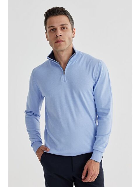 JAKAMEN Mavi Slim Fit Fermuarlı Dik Yaka Triko Kazak - S000495782-17234