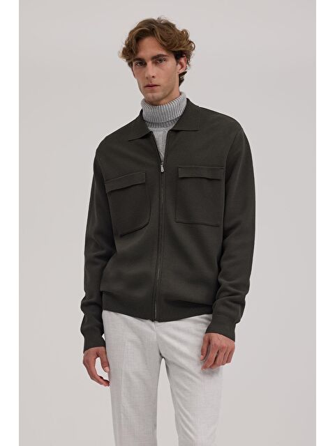 JAKAMEN Haki Slim Fit Bebe Yaka Fermuarlı Cepli Rayon Triko Ceket - S000495783-18547