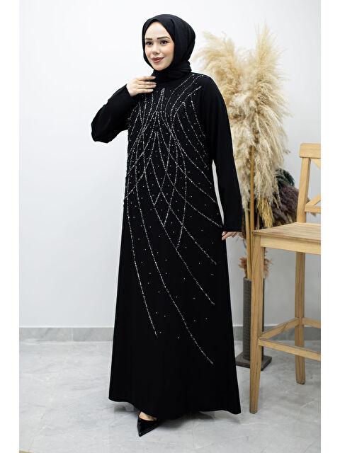 Tesettür Dünyası Hakim Yaka Taşlı Elbise TSD260170 Siyah
