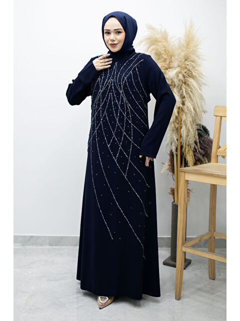 Tesettür Dünyası Hakim Yaka Taşlı Elbise TSD260170 Lacivert