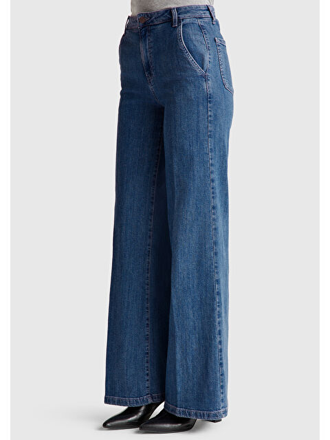 United Colors Of Benetton Kadın Açık Mavi Pamuk Karışımlı Cep Detaylı Geniş Paça Denim Pantolon - S000517693-17437