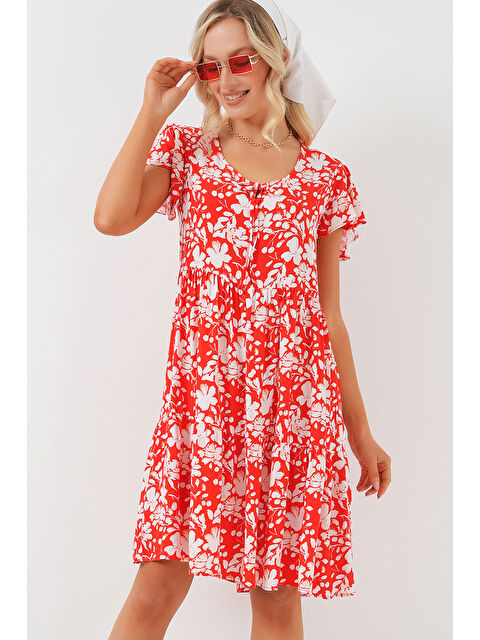 Bigdart 2352 V Yaka Kısa Elbise - Kırmızı - S000089508-20045