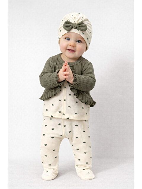 Kidex's Kız Bebek Fırfırlı Hırka Desenli Tulum Fiyonk Bere 3’lü Takım