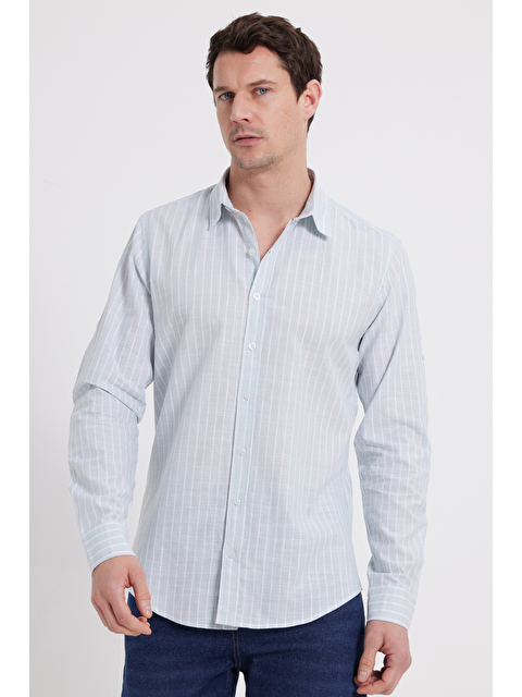 TUDORS Erkek Slim Fit Dar Kesim Uzun Kollu %100 Pamuk Keten Doku Çizgili Gömlek - S000519929-17259