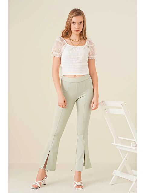 Hazelin Kadın Çağla Fitilli Yırtmaçlı Şekillendirici İspanyol Paça Likralı Örme Pantolon - S000030392-19981