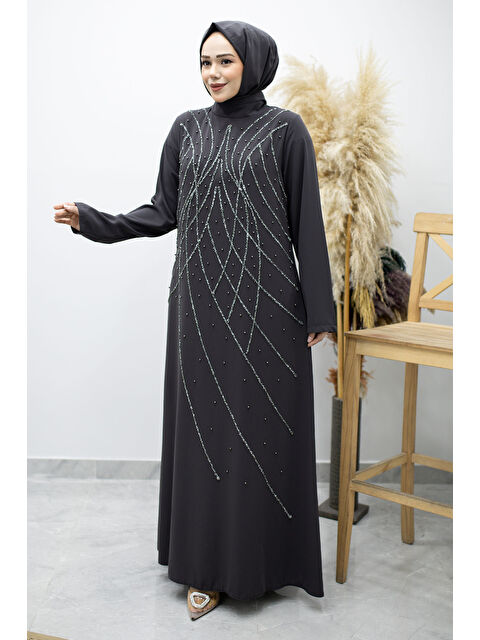 Tesettür Dünyası Hakim Yaka Taşlı Elbise TSD260170 Füme