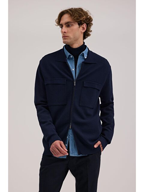 JAKAMEN Lacivert Slim Fit Bebe Yaka Fermuarlı Cepli Rayon Triko Ceket - S000495783-21164