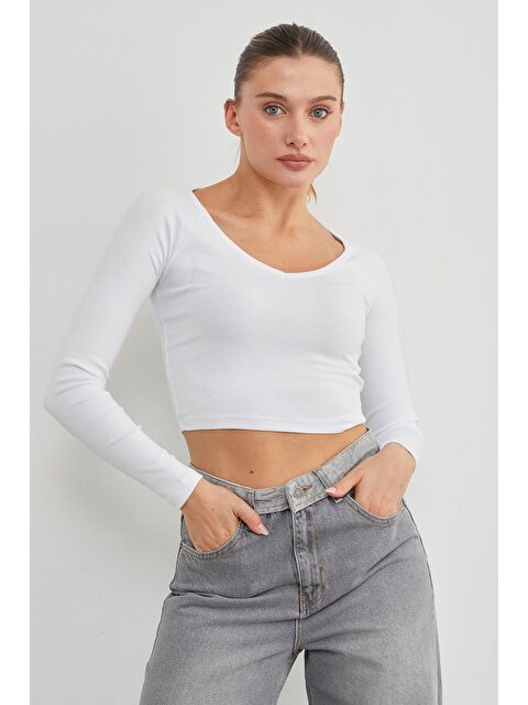 Fullamoda V Yaka Uzun Kol Crop Bluz - S000450116-20063